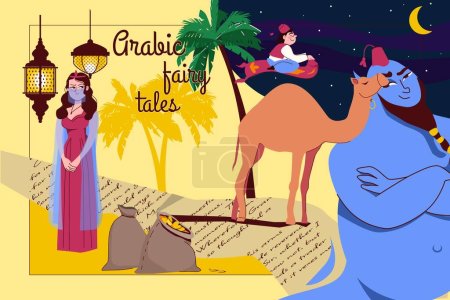Téléchargez les illustrations : Contes de fées arabes collage coloré avec aladdin sur tapis magique princesse génie et sacs d'illustration vectorielle plate en or - en licence libre de droit