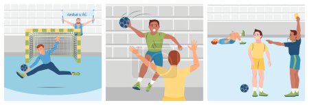 Ilustración de Jugadores de balonmano lanzando pelota portero hombre lesionado conjunto plano aislado vector ilustración - Imagen libre de derechos