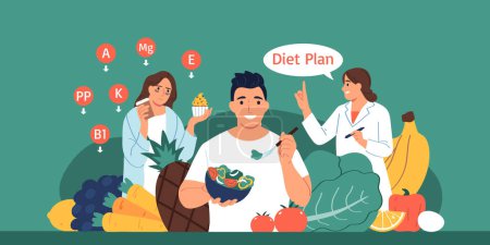 Illustration for Nutritionist consultation concept with diet course symbols flat vector illsutration - Royalty Free Image