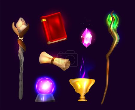 Illustration for Magic staff realistic colorful set of ancient manuscripts magic book magic ball magic wands isolated at black background vector illustration - Royalty Free Image