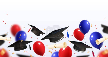 Illustration for Graduation realistic composition with falling confetti and flying air bubbles with academic hats and diploma rolls vector illustration - Royalty Free Image