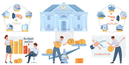 Illustration for Budget country government flat set with isolated compositions of financial icons coins bar charts and people vector illustration - Royalty Free Image