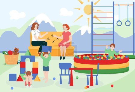 Illustration for Children room flat composition with two mothers talking and looking after their playing kids vector illustration - Royalty Free Image