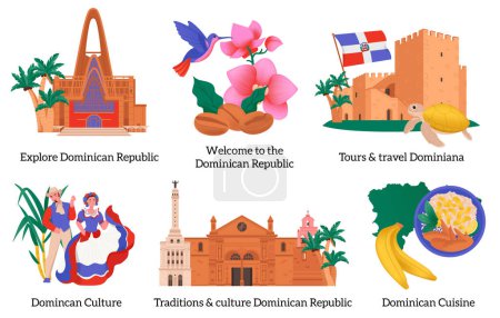 Illustration for Dominican republic flat cartoon compositions with caption representing culture traditions cuisine isolated vector illustration - Royalty Free Image