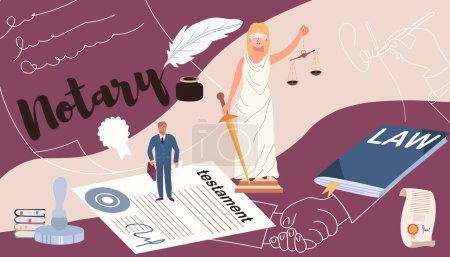 Illustration for Notary collage with law and testament symbols flat vector illustration - Royalty Free Image