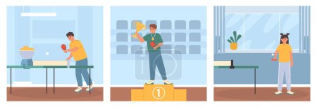 Illustration for Ping pong flat concept set with people playing table tennis isolated vector illustration - Royalty Free Image