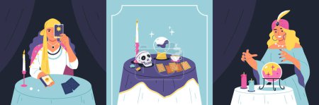 Illustration for Fortune telling set with tarot and esoterics symbols flat isolated vector illustration - Royalty Free Image
