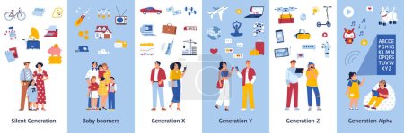 Generations color set with doodle human characters text captions and isolated icons representing symbols of generation vector illustration