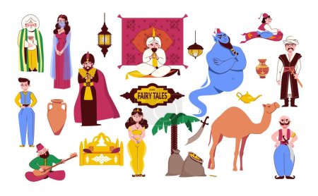 Téléchargez les illustrations : Contes de fées orientaux ensemble plat de héros de conte de fées en costumes ethniques vieil homme sage bedouin chameau génie lampe magique isolé vecteur illustration - en licence libre de droit