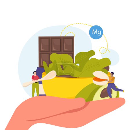 Illustration for High magnesium foods balanced diet flat concept with human hand holding bowl of healthy products and two tiny people vector illustration - Royalty Free Image