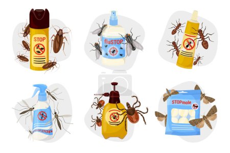 Illustration for Harmful insects cartoon colored composition set remedies for different kinds of insects vector illustration - Royalty Free Image