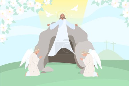 Illustration for Jesus christ resurrection with angles doves and divine light flat vector illustration - Royalty Free Image