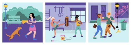 Illustration for Self defence set of square compositions with park gym and backstreet sceneries fighting people and dog vector illustration - Royalty Free Image