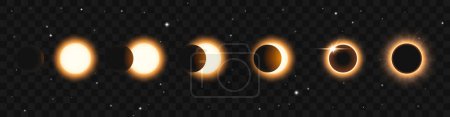 Eclipse met en scène une affiche réaliste avec soleil et lune dans différentes positions illustration vectorielle