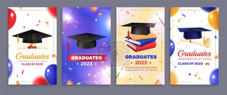 Set with four isolated graduation party vertical posters with realistic images of holiday items and hats vector illustration
