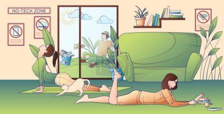 Téléchargez les illustrations : Composition numérique de ligne plate de désintoxication avec vue intérieure de l'intérieur de la maison avec des femmes lisant l'illustration vectorielle de yoga - en licence libre de droit