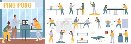 Illustration for Ping pong flat icons set with people playing table tennis isolated vector illustration - Royalty Free Image