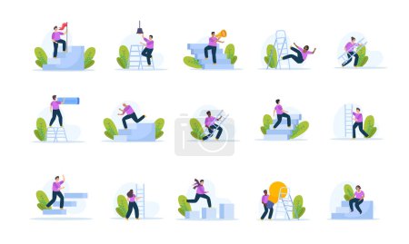 Téléchargez les illustrations : Homme avec échelle ensemble d'icônes isolées plates avec des personnages humains et des escaliers sur fond blanc illustration vectorielle - en licence libre de droit
