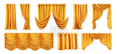 Illustration for Realistic curtains gold set with isolated images of hanging curtain fabric with wrinkles on blank background vector illustration - Royalty Free Image