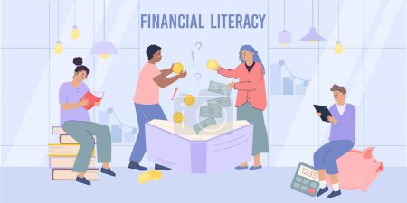 Illustration for People reading books and using calculator to boost financial literacy flat vector illustration - Royalty Free Image