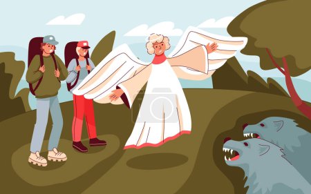 Illustration for Divine support flat background with angel character saving young tourists from wolfs attack cartoon vector illustration - Royalty Free Image