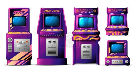 Illustration for Realistic arcade game set with isolated front view images of retro gaming machines on blank background vector illustration - Royalty Free Image