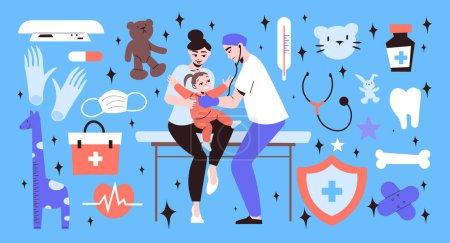 Illustration for Big set of objects and tools for pediatric room and male pediatrician examining little girl isolated on blue background flat vector illustration - Royalty Free Image