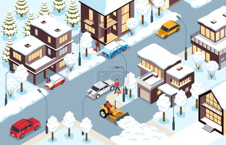 Ilustración de Invierno ciudad fragmento isométrico con casas coches y equipos de eliminación de nieve en las calles cubiertas de nieve vector ilustración - Imagen libre de derechos