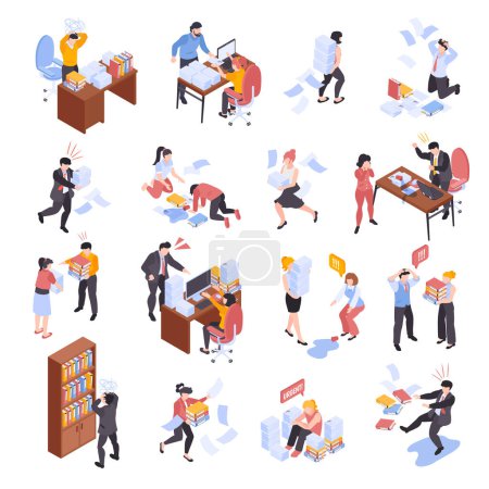 Illustration for Isometric office chaos unorganized set with isolated icons of workplace problems with characters of angry coworkers vector illustration - Royalty Free Image