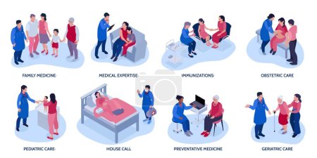 Isometric family doctor set with isolated round compositions of family member characters meeting physician at home vector illustration
