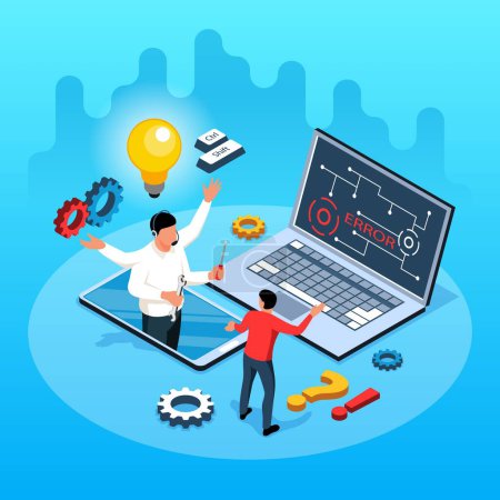 Illustration for Technical support isometric illustration with customer used help of specialist for laptop maintenance vector illustration - Royalty Free Image