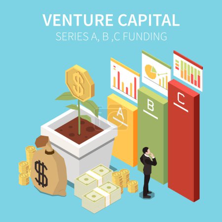 Illustration for Venture capital isometric composition with bar chart elements money plant in pot and character of businessman vector illustration - Royalty Free Image