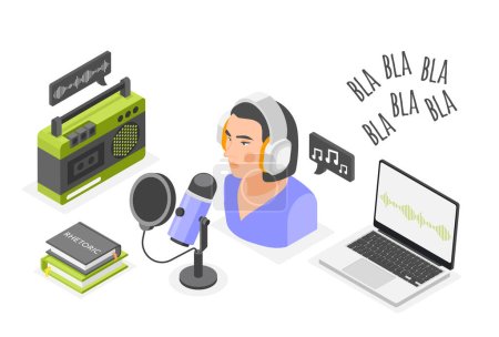 Illustration for Rhetoric isometric composition with female radio host speaking into microphone laptop and books vector illustration - Royalty Free Image