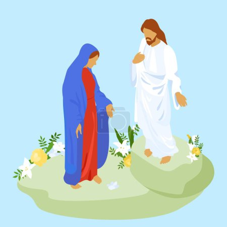 Ilustración de Personajes isométricos de Jesucristo y María virgen sobre fondo azul ilustración vectorial - Imagen libre de derechos