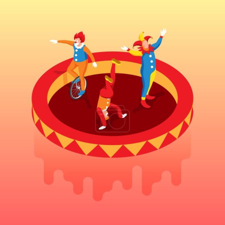 Illustration for Clowns performing on circus stage riding unicycle isometric 3d vector illustration - Royalty Free Image