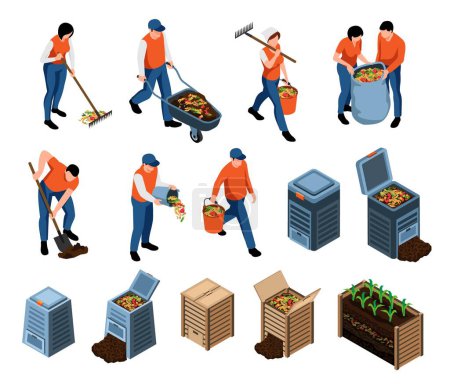 Isometric set of people making and using compost 3d isolated vector illustration