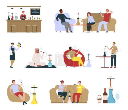 Illustration for Isolated colored hookah bar flat icon set the bartender stand stands behind the bar the group of people smoke the waitress carries the orders vector illustration - Royalty Free Image