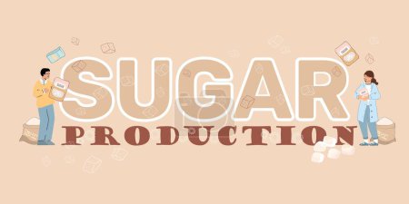 Illustration for Sugar production composition with flat ornate text and human characters holding sacks and packs of sugar vector illustration - Royalty Free Image
