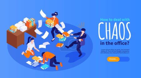 Illustration for Isometric office chaos horizontal banner with text and crawling people throwing books and papers in air vector illustration - Royalty Free Image