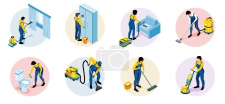 Cleaning service isolated round compositions with with employees washing floor furniture windows and lavatory isometric vector illustration