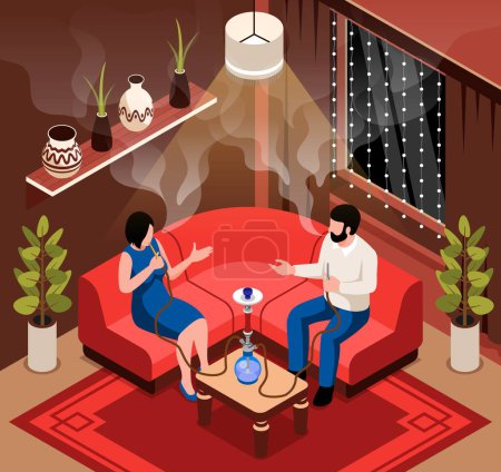 Illustration for Lounge bar isometric background with couple sitting on sofa near table with hookah vector illustration - Royalty Free Image