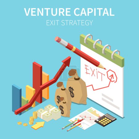 Illustration for Venture capital isometric composition with icons of money sacks bar charts arrow point and editable text vector illustration - Royalty Free Image