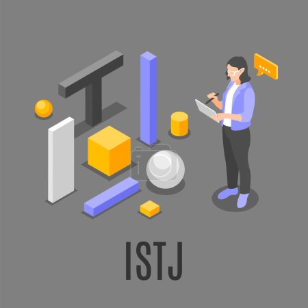 Illustration for Istj mbti type isometric composition with geometric figures and female character writing on tablet on grey background vector illustration - Royalty Free Image
