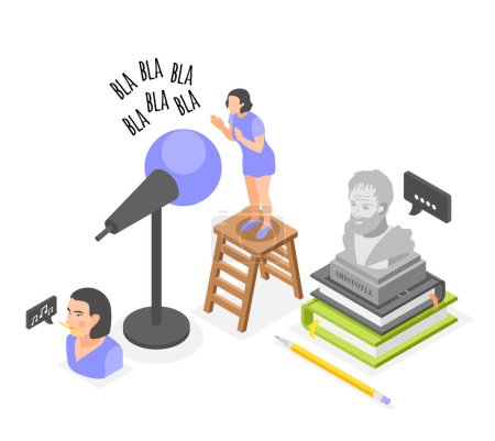 Illustration for Rhetoric isometric composition with female character practising her speech with microphone 3d vector illustration - Royalty Free Image