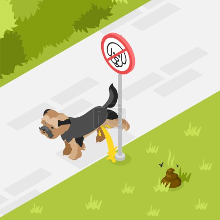 Illustration for People clean up after dogs composition with poop on green lawn in park and puppy peeing on prohibition sign isometric vector illustration - Royalty Free Image