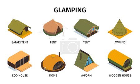 Illustration for Isometric glamping set of isolated compositions with text captions and icons of dome tents eco houses vector illustration - Royalty Free Image