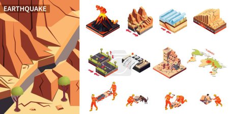 Illustration for Earthquake disaster composition with volcanic eruption and tectonic plates shifting symbols isometric isolated vector illustration - Royalty Free Image