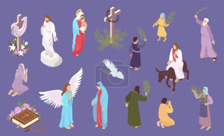 Téléchargez les illustrations : Ensemble isométrique de Pâques avec des caractères de Jésus-Christ et Marie vierge isolé sur fond de couleur illustration vectorielle 3d - en licence libre de droit