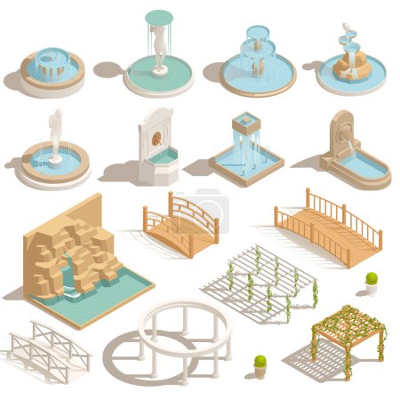 Téléchargez les illustrations : Parc fontaines étangs gazebo isométrique ensemble d'icônes isolées avec des éléments de paysage ponts cascades et maisons d'été illustration vectorielle - en licence libre de droit