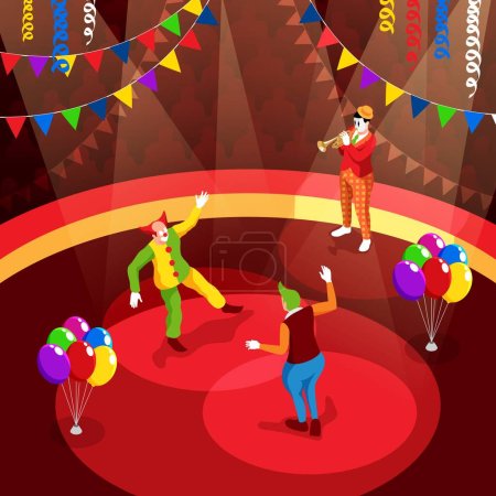 Illustration for Circus performance with funny clowns playing trumpet and dancing on stage isometric vector illustration - Royalty Free Image